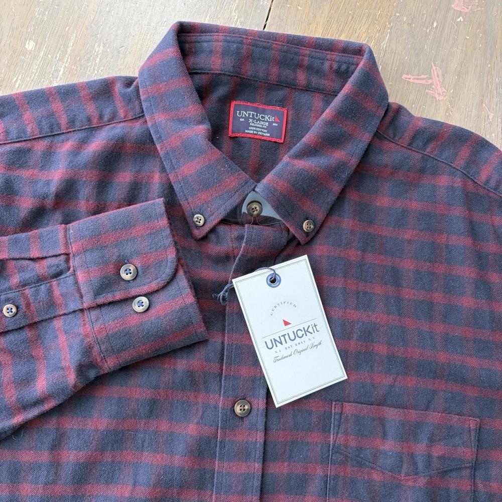 Untuckit Flannel Shirt Mens XL Blue Plaid Button Down Relaxed Fit NWT preppy